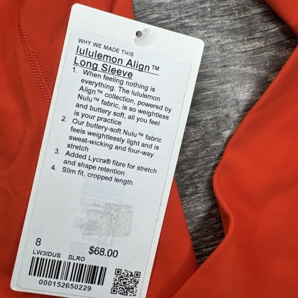 LULULEMON NWT ALIGN LONG SLEEVE ORANGE RED Size 8 SLRO - Picture 3 of 4